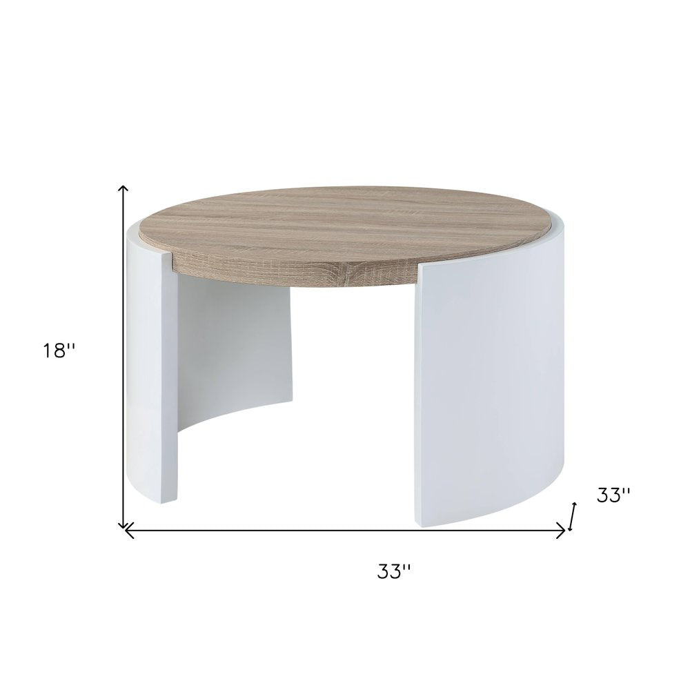 33" Oak and White Wood Round Partial Frame Coffee Table