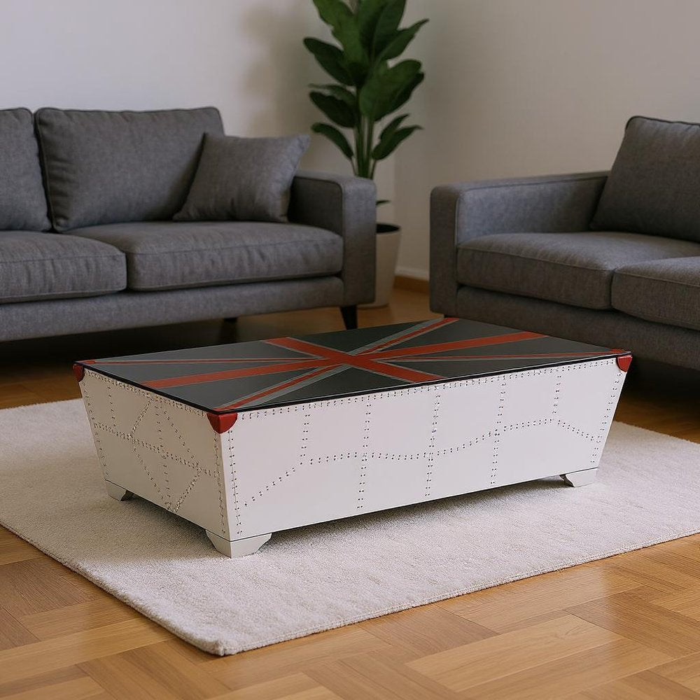 64" Silver Navy Blue And Red Union Jack Aviator Coffee Table