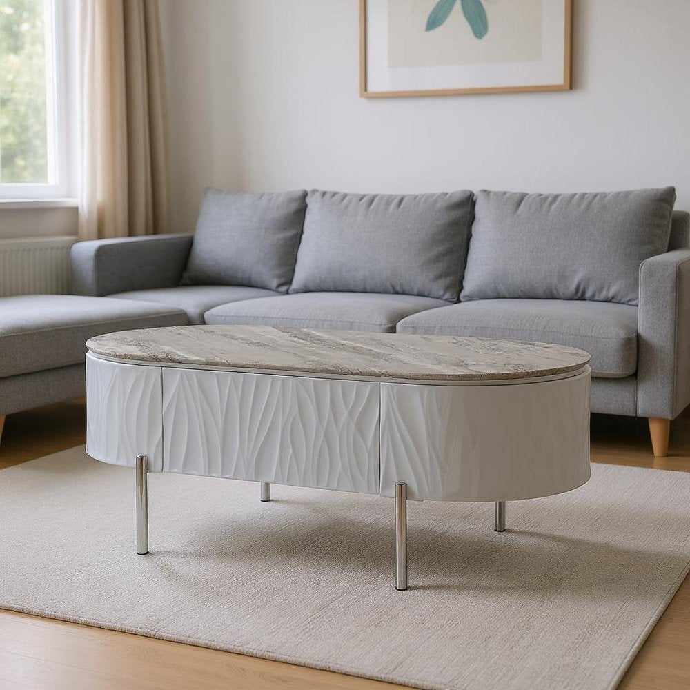 47" Gray Wood and Steel Oval Coffee Table With Drawer