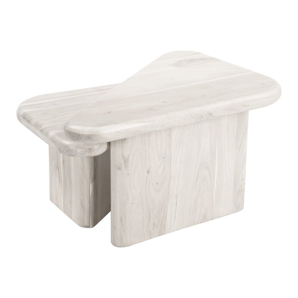 Set of Two Natural Solid Wood Triangle Pedestal Nested Coffee Tables
