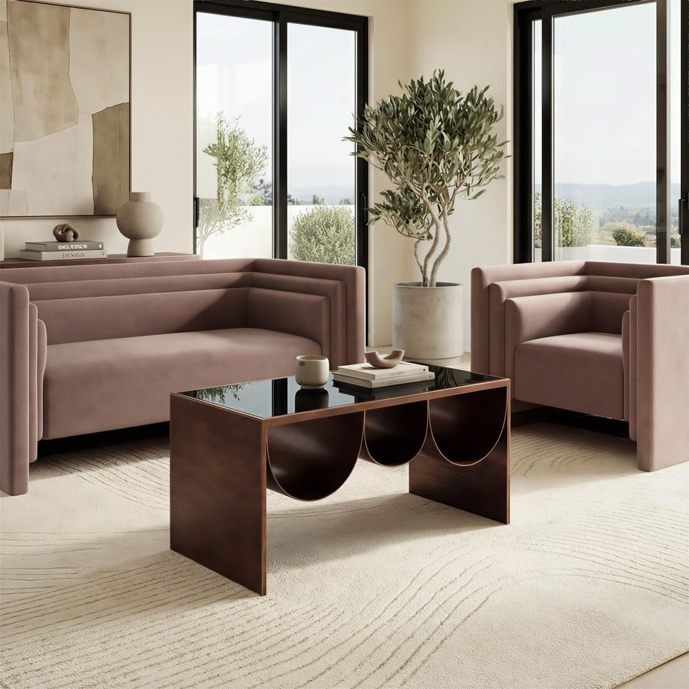 32" Black and Copper Mirrored Glass and Steel Solid Coffee Table