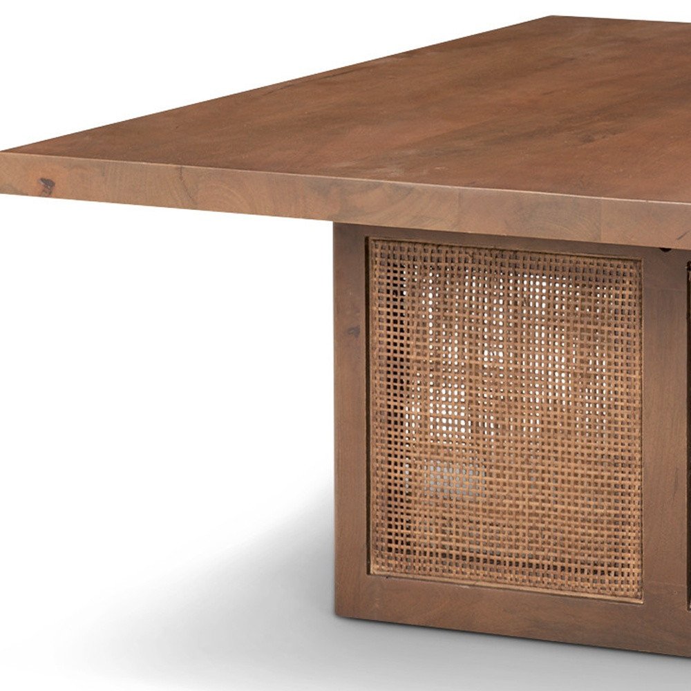 42" Brown and Natural Solid Wood and Wicker Square Double Pedestal Coffee Table