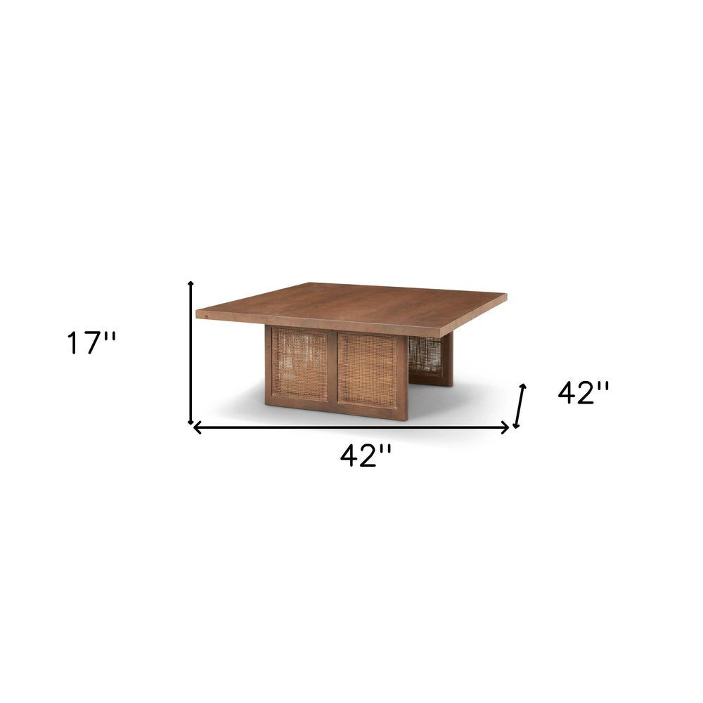 42" Brown and Natural Solid Wood and Wicker Square Double Pedestal Coffee Table