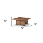 42" Brown and Natural Solid Wood and Wicker Square Double Pedestal Coffee Table