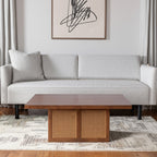 42" Brown and Natural Solid Wood and Wicker Square Double Pedestal Coffee Table