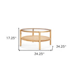 34" Clear and Natural Glass and Solid Wood Round Coffee Table With Shelf