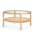 34" Clear and Natural Glass and Solid Wood Round Coffee Table With Shelf