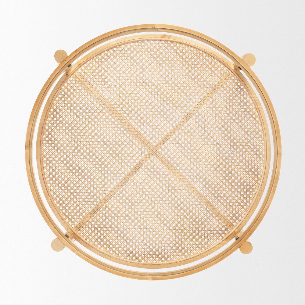 34" Clear and Natural Glass and Solid Wood Round Coffee Table With Shelf