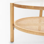 34" Clear and Natural Glass and Solid Wood Round Coffee Table With Shelf