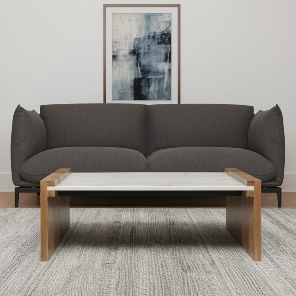 48" Natural and White Solid Wood And Genuine Marble Coffee Table