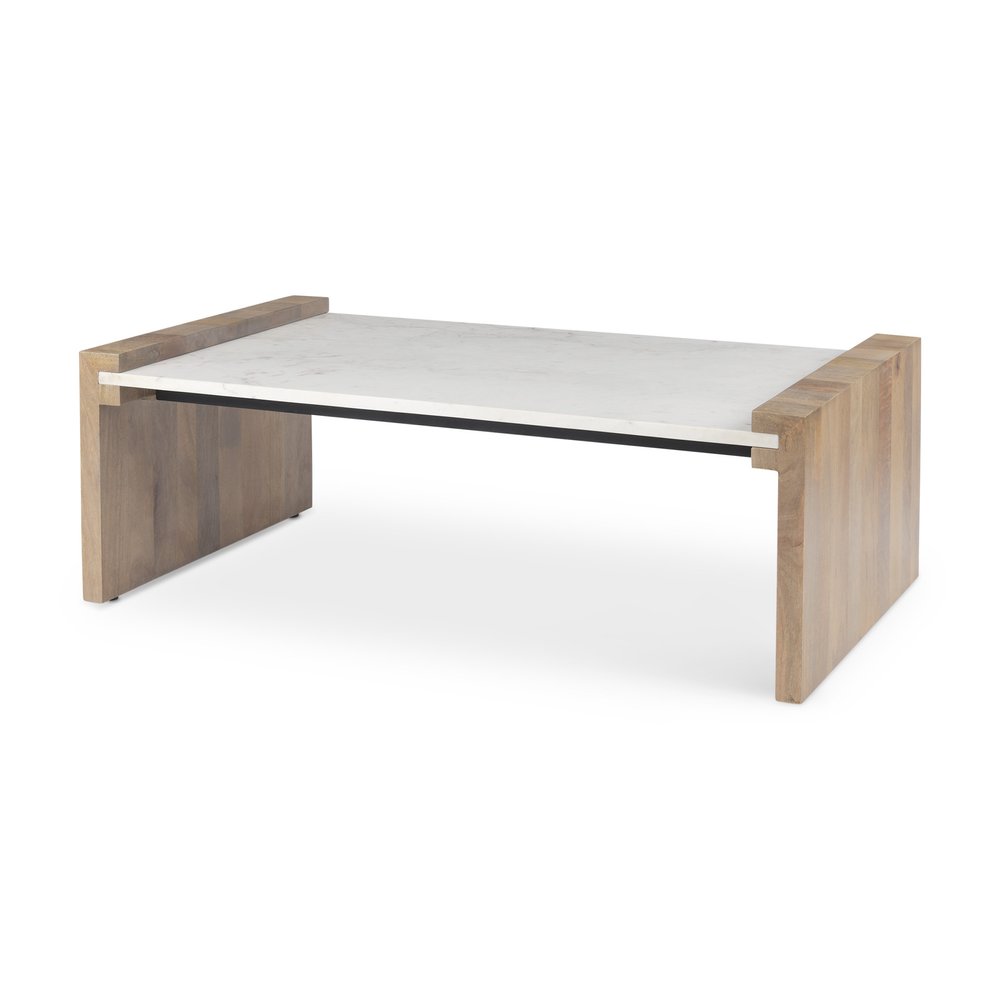 48" Natural and White Solid Wood And Genuine Marble Coffee Table
