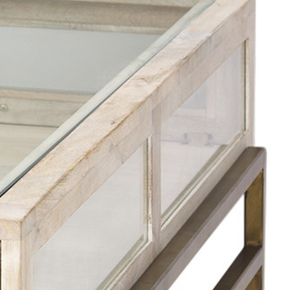 44" Off White Clear And Gold Solid Wood Glass And Iron Storage Coffee Table