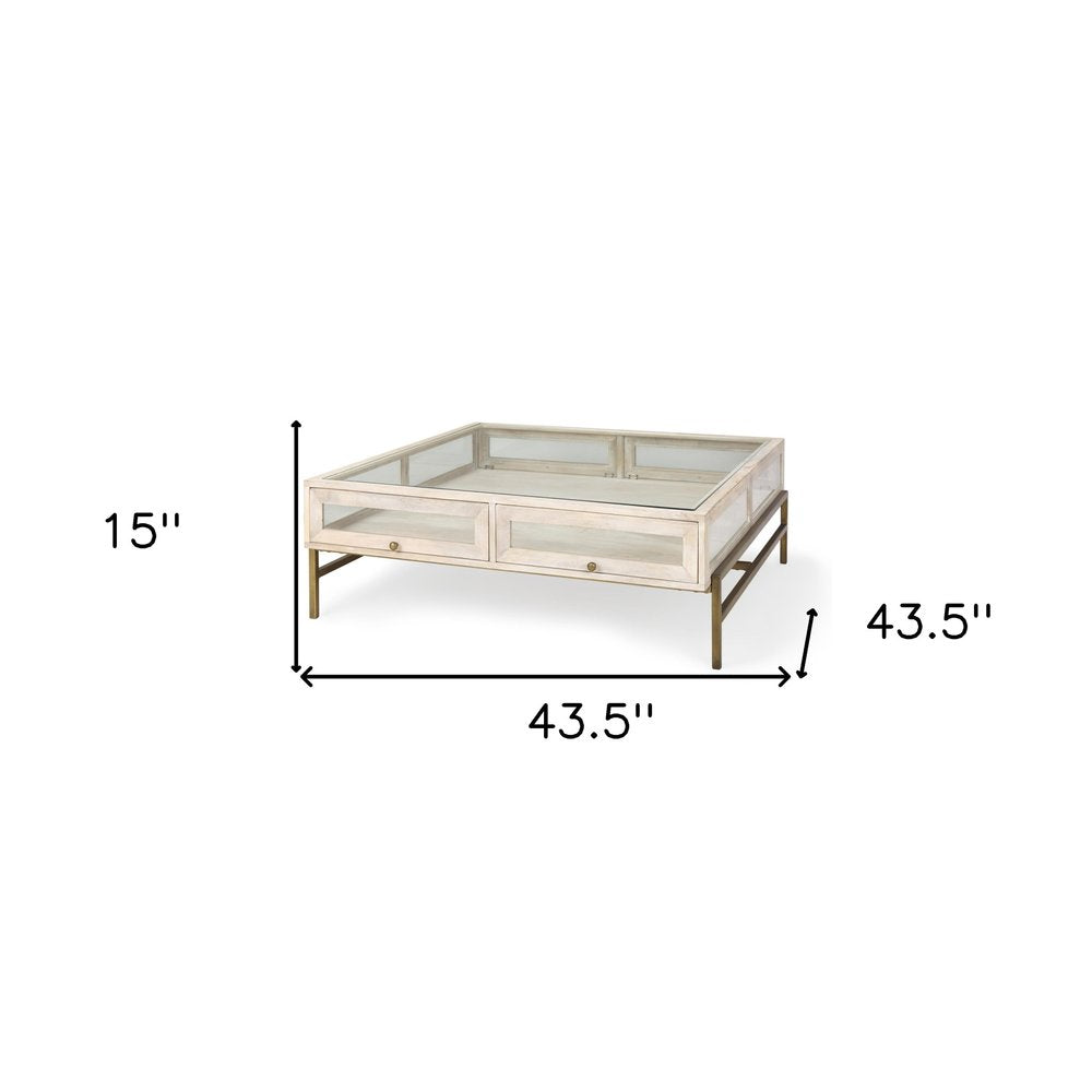44" Off White Clear And Gold Solid Wood Glass And Iron Storage Coffee Table