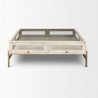 44" Off White Clear And Gold Solid Wood Glass And Iron Storage Coffee Table