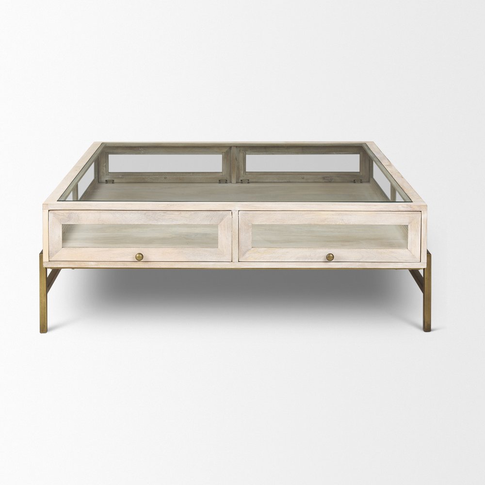 44" Off White Clear And Gold Solid Wood Glass And Iron Storage Coffee Table
