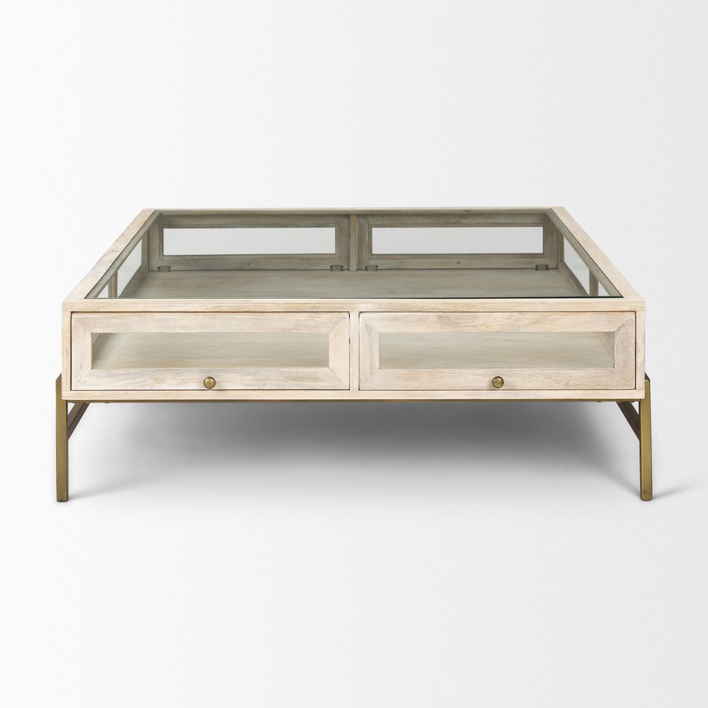 44" Off White Clear And Gold Solid Wood Glass And Iron Storage Coffee Table