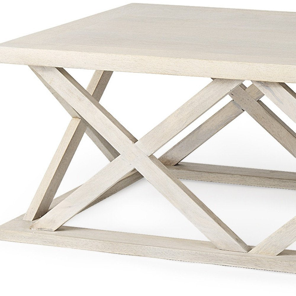 48" Off White Solid Wood Distressed Geo Frame Coffee Table