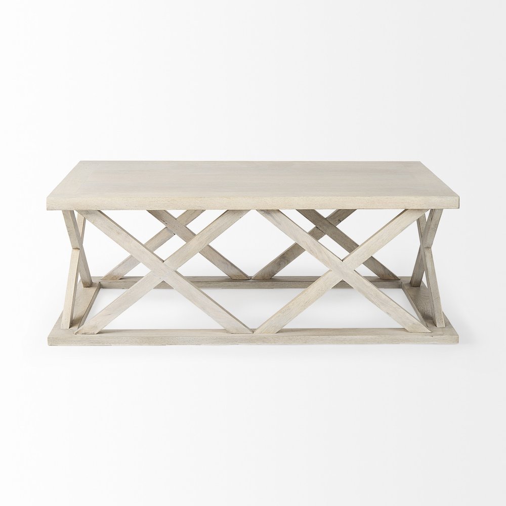 48" Off White Solid Wood Distressed Geo Frame Coffee Table