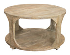 34" Natural Solid Wood Round Distressed Floor Shelf Coffee Table With Shelf