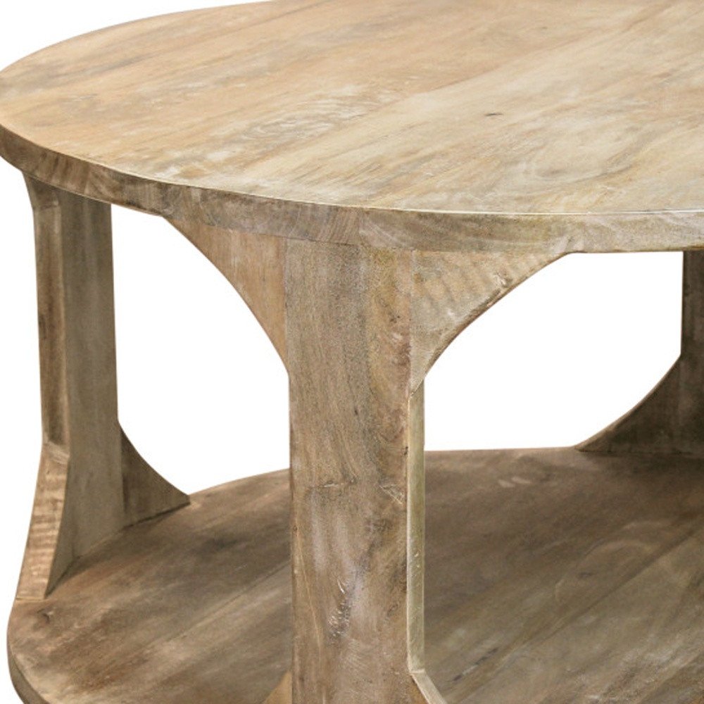 34" Natural Solid Wood Round Distressed Floor Shelf Coffee Table With Shelf