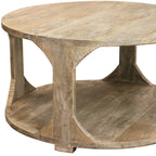 34" Natural Solid Wood Round Distressed Floor Shelf Coffee Table With Shelf