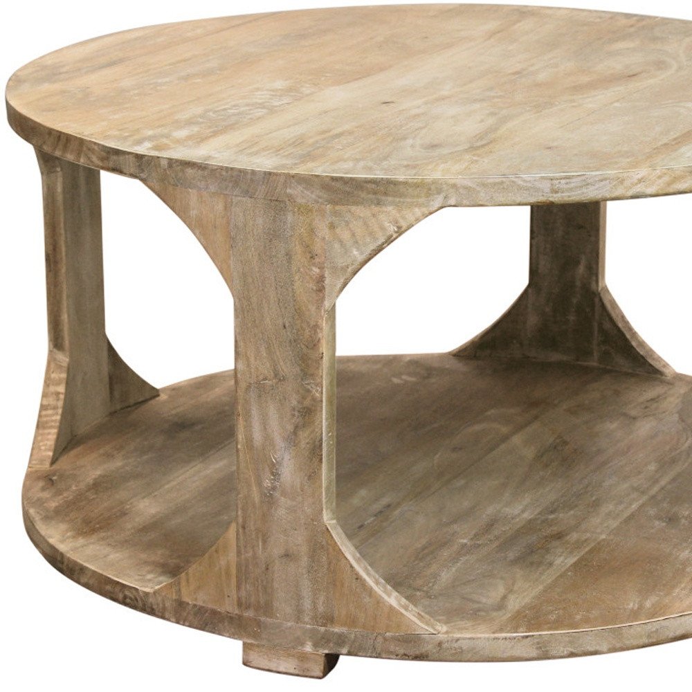 34" Natural Solid Wood Round Distressed Floor Shelf Coffee Table With Shelf