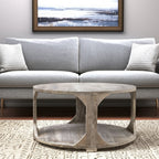 34" Natural Solid Wood Round Distressed Floor Shelf Coffee Table With Shelf