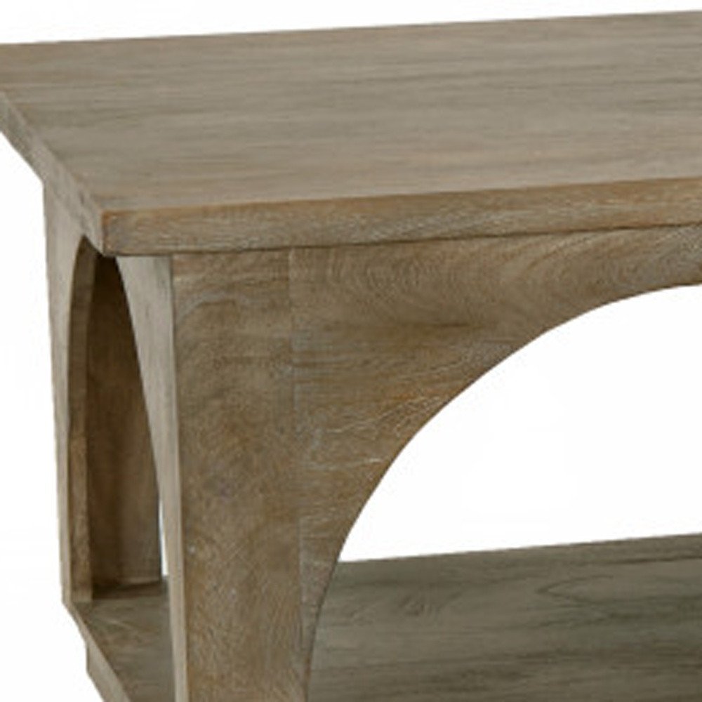 59" Brown Solid Wood Distressed Floor Shelf Coffee Table With Shelf