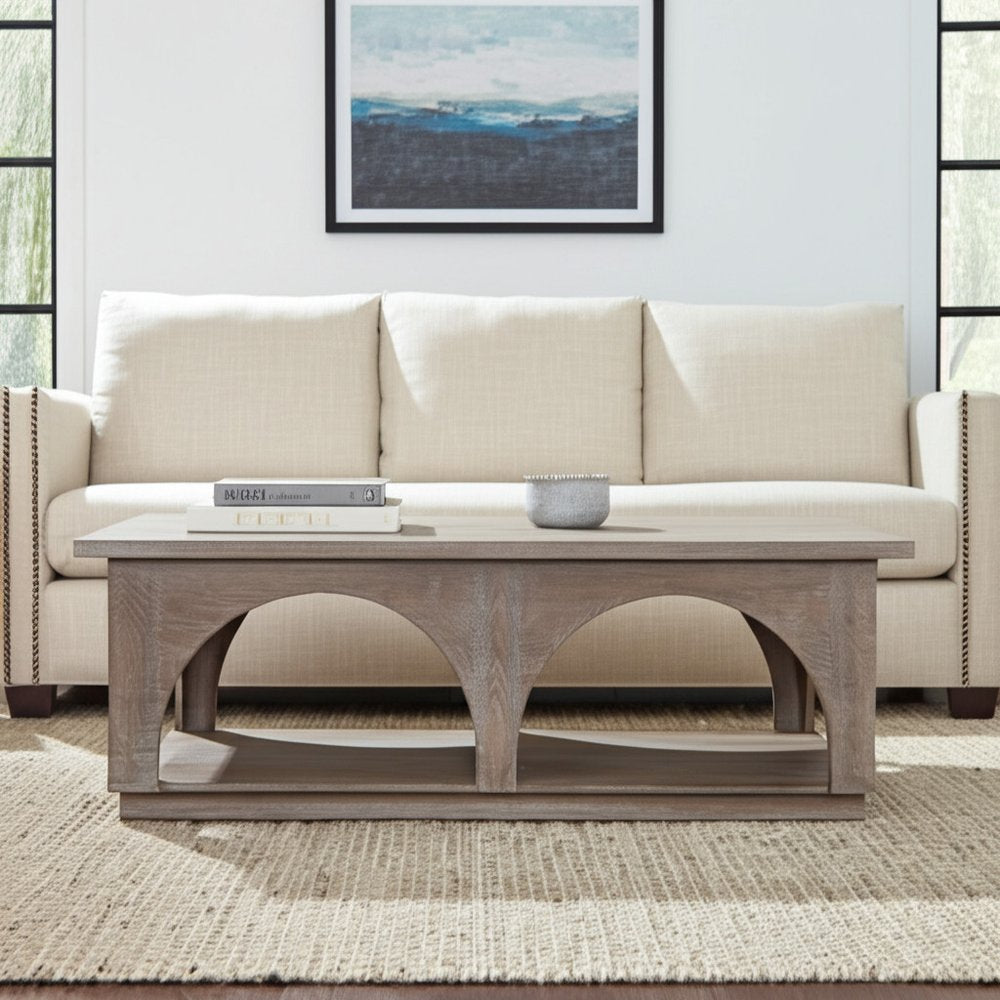 59" Brown Solid Wood Distressed Floor Shelf Coffee Table With Shelf
