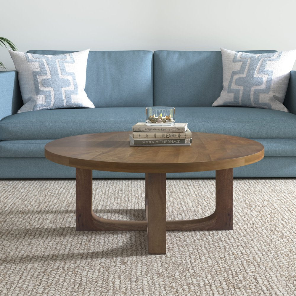 36" Brown Solid Wood Round Cross Legs Coffee Table
