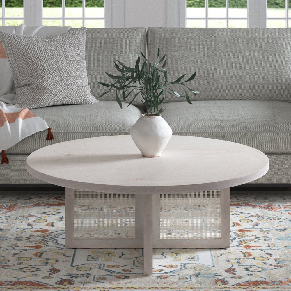 36" White Solid Wood Round Cross Legs Coffee Table