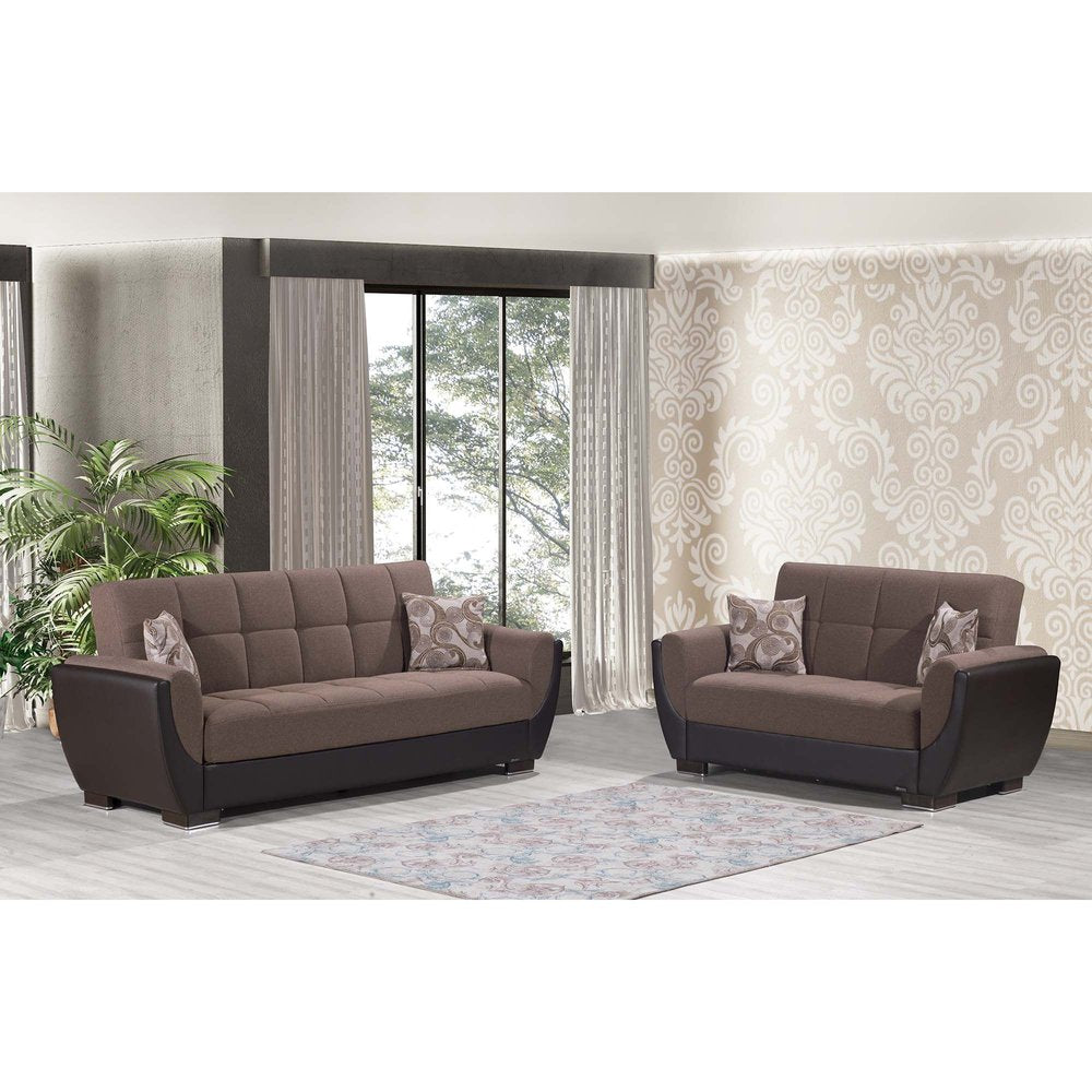 93" Brown Chenille And Faux Leather Convertible Futon Sleeper Sofa And Toss Pillows With Storage