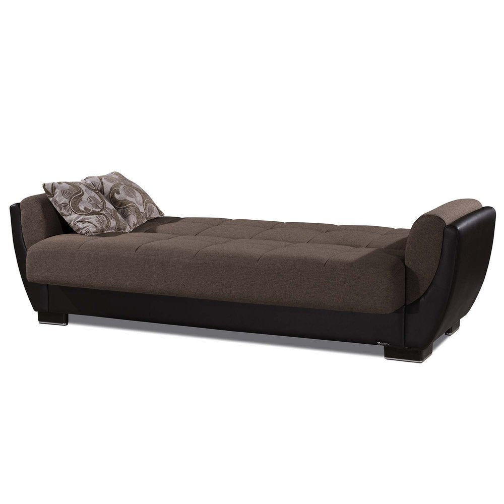 93" Brown Chenille And Faux Leather Convertible Futon Sleeper Sofa And Toss Pillows With Storage