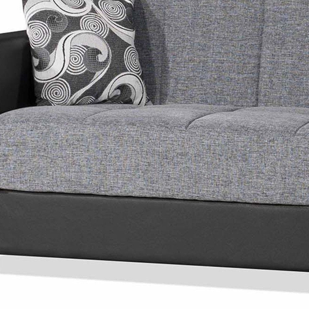 87" Gray And Black Chenille And Faux Leather Convertible Futon Sleeper Sofa And Toss Pillows With Storage