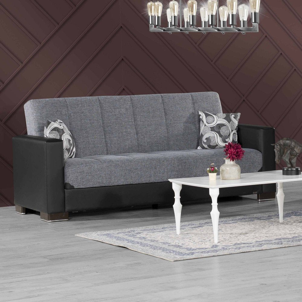 87" Gray And Black Chenille And Faux Leather Convertible Futon Sleeper Sofa And Toss Pillows With Storage