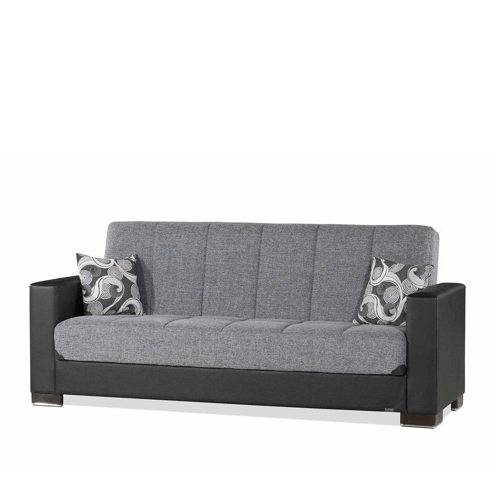 87" Gray And Black Chenille And Faux Leather Convertible Futon Sleeper Sofa And Toss Pillows With Storage