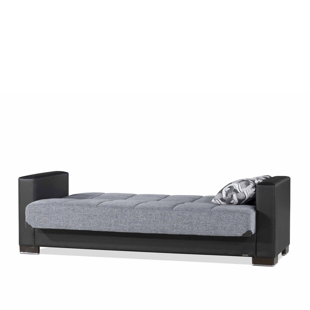 87" Gray And Black Chenille And Faux Leather Convertible Futon Sleeper Sofa And Toss Pillows With Storage