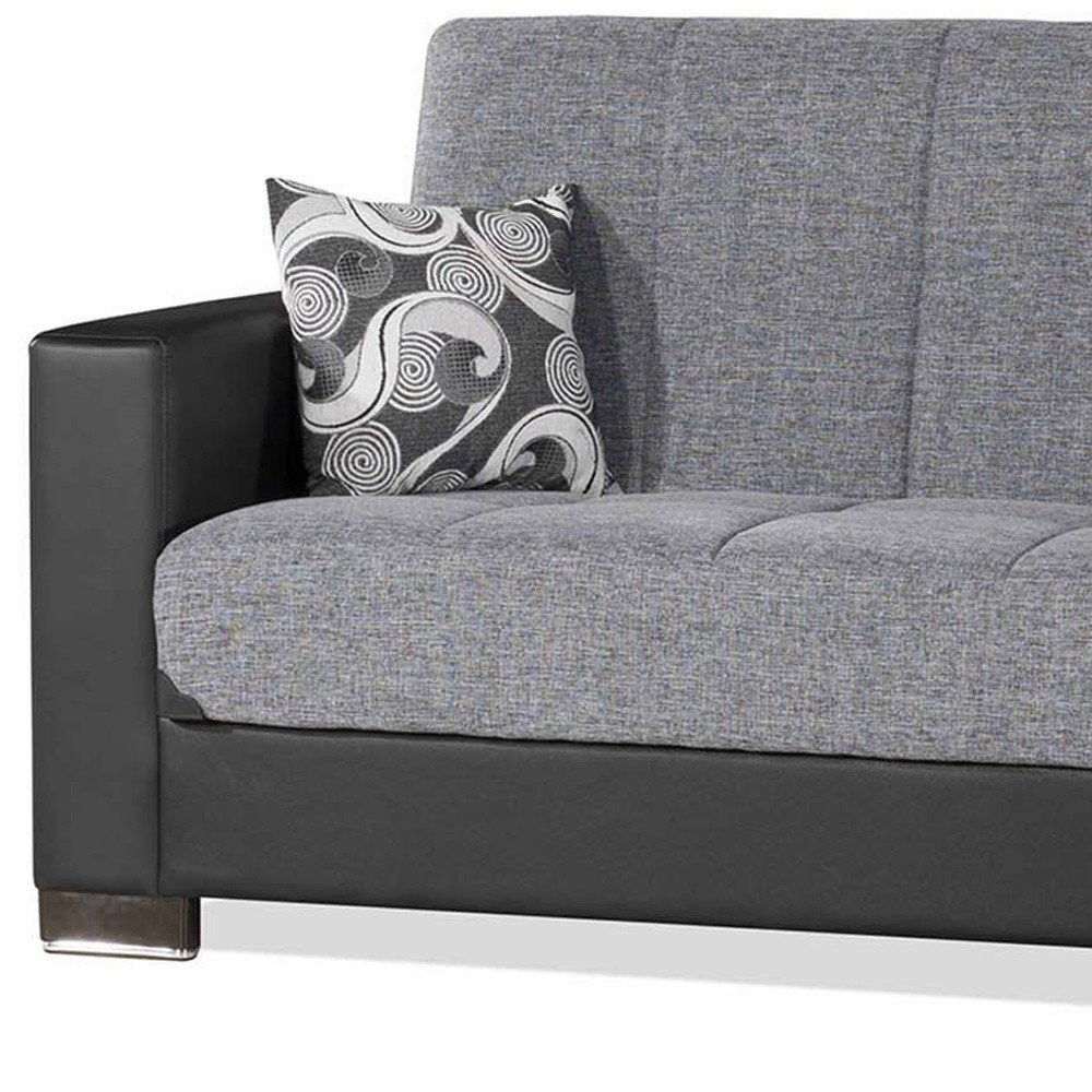 87" Gray And Black Chenille And Faux Leather Convertible Futon Sleeper Sofa And Toss Pillows With Storage