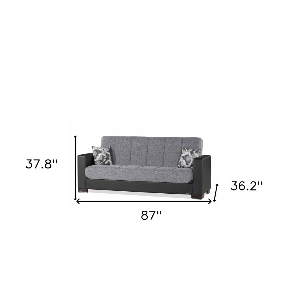 87" Gray And Black Chenille And Faux Leather Convertible Futon Sleeper Sofa And Toss Pillows With Storage