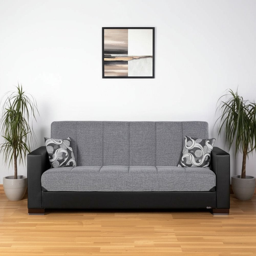 87" Gray And Black Chenille And Faux Leather Convertible Futon Sleeper Sofa And Toss Pillows With Storage
