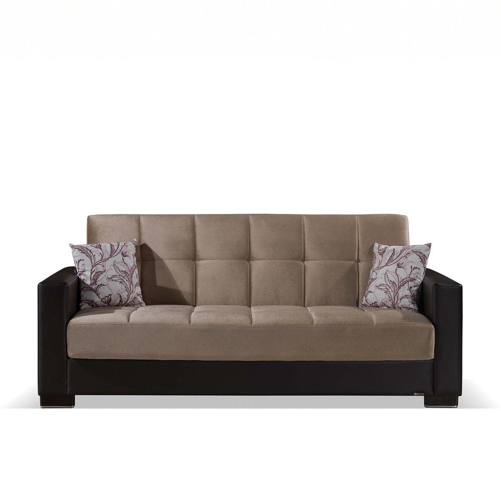 87" Sand And Brown Chenille And Faux Leather Convertible Futon Sleeper Sofa And Toss Pillows With Storage