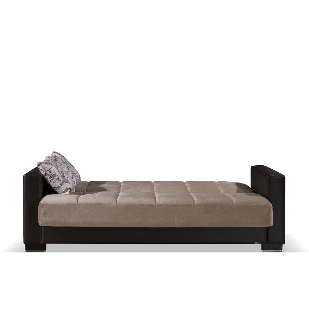 87" Sand And Brown Chenille And Faux Leather Convertible Futon Sleeper Sofa And Toss Pillows With Storage
