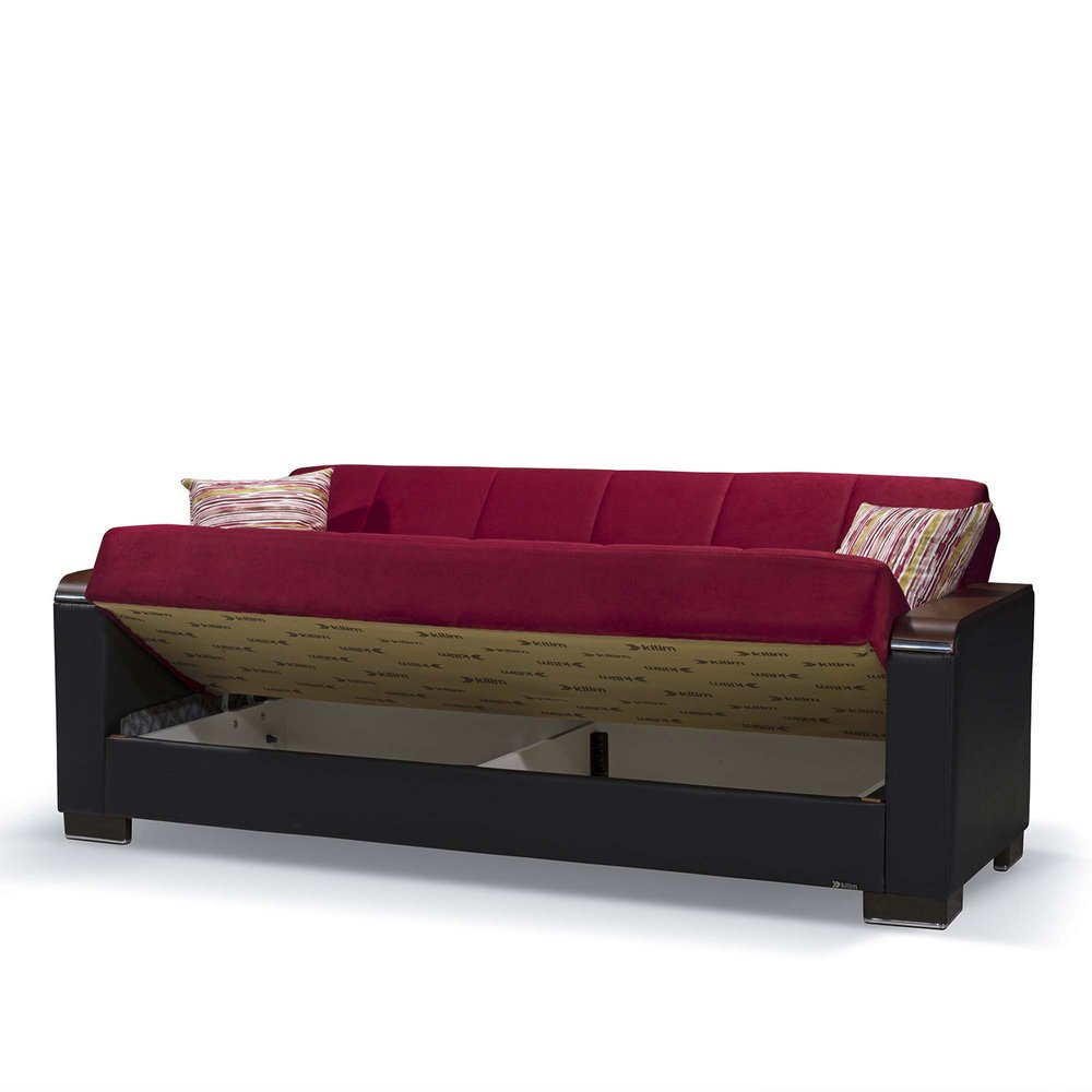 87" Burgundy Microfiber And Faux Leather Convertible Futon Sleeper Sofa And Toss Pillows With Storage