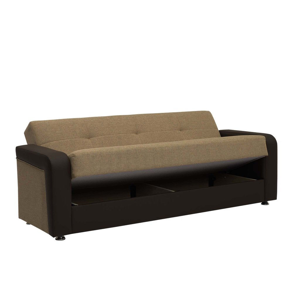 90" Brown Chenille And Faux Leather Convertible Futon Sleeper Sofa And Toss Pillows With Storage