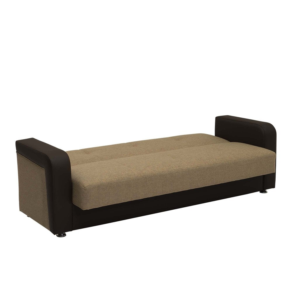 90" Brown Chenille And Faux Leather Convertible Futon Sleeper Sofa And Toss Pillows With Storage