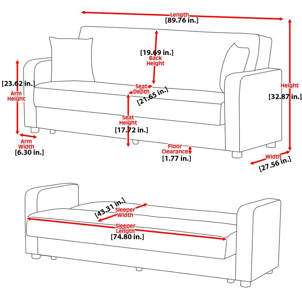 90" Brown Chenille And Faux Leather Convertible Futon Sleeper Sofa And Toss Pillows With Storage