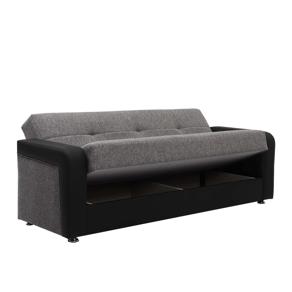 90" Gray Chenille And Faux Leather Convertible Futon Sleeper Sofa And Toss Pillows With Storage