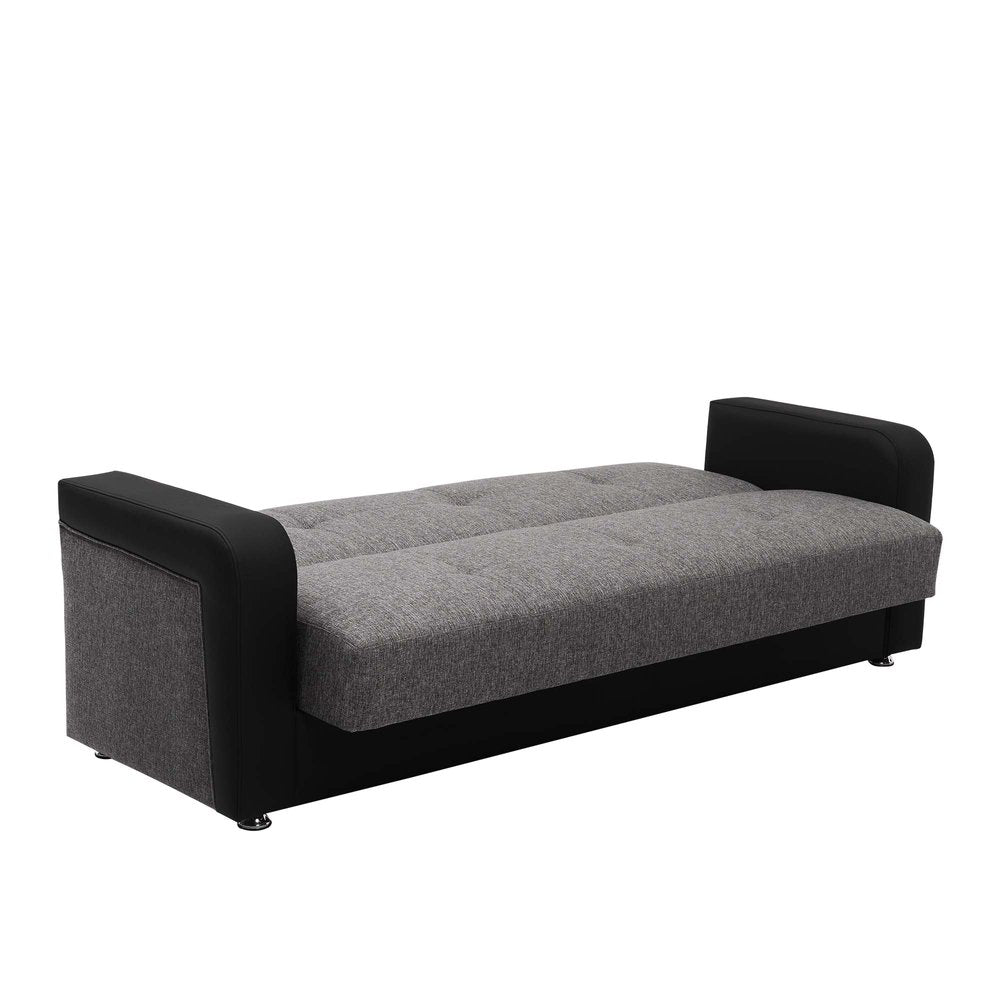 90" Gray Chenille And Faux Leather Convertible Futon Sleeper Sofa And Toss Pillows With Storage
