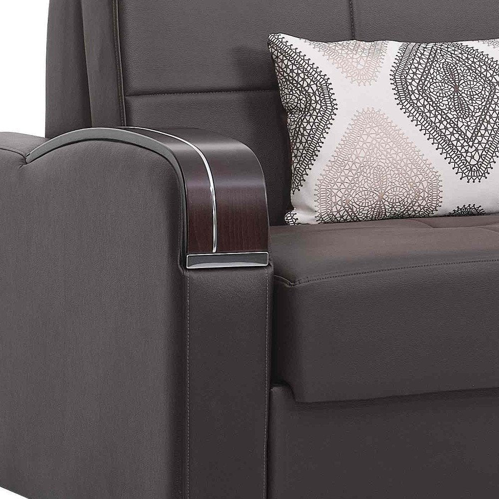 74" Brown Faux Leather Convertible Futon Sleeper Sofa And Toss Pillows With Storage