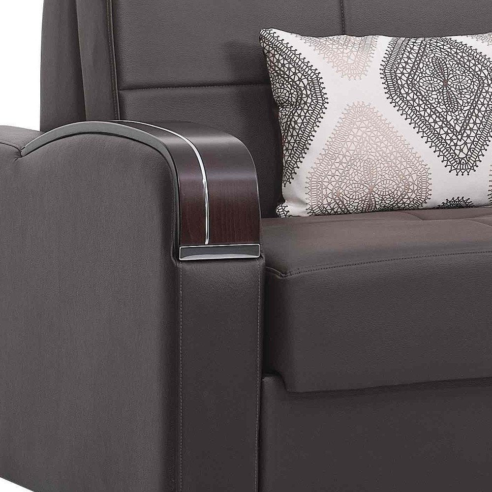 74" Brown Faux Leather Convertible Futon Sleeper Sofa And Toss Pillows With Storage